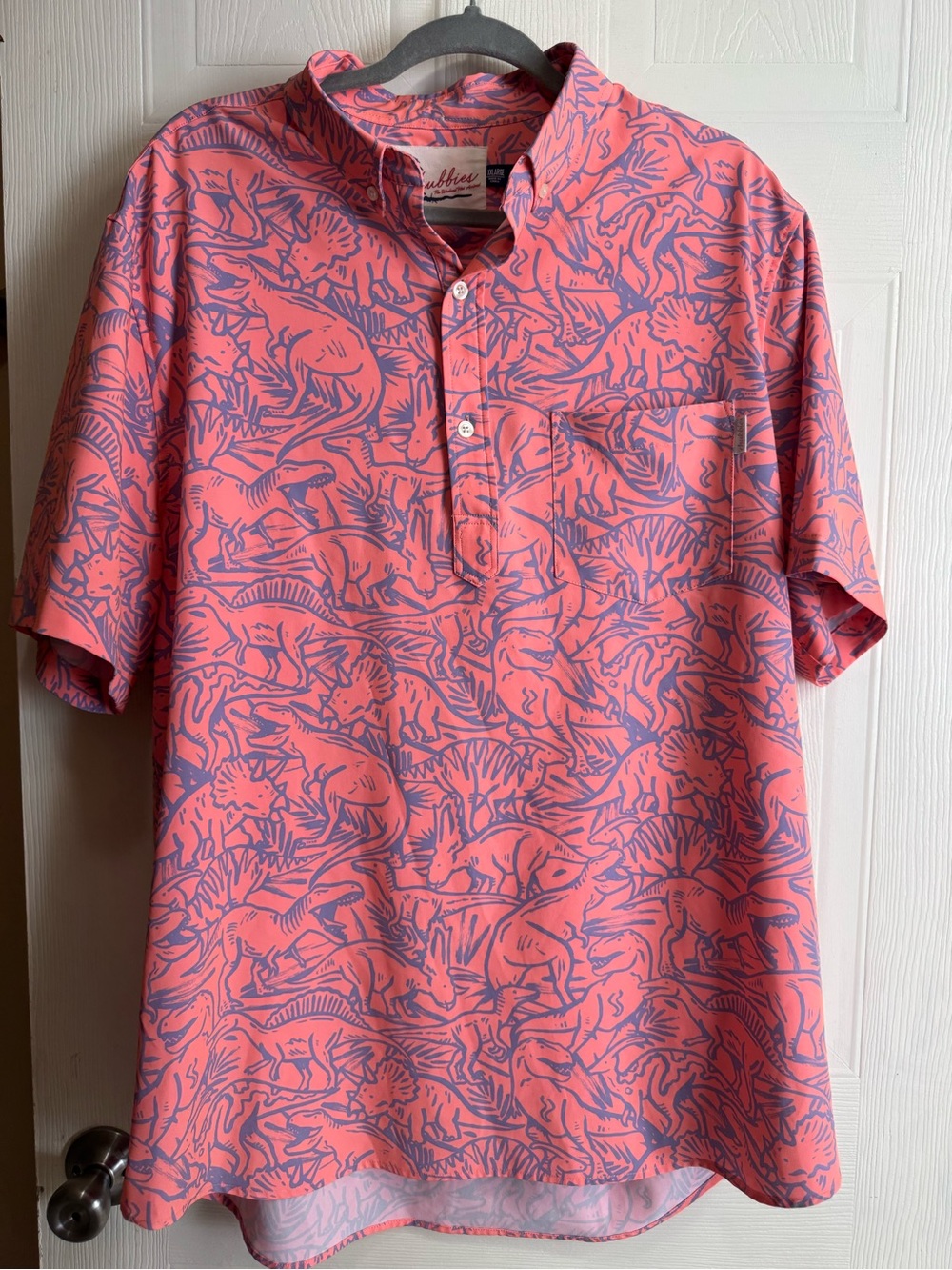 chubbies Coral Polo with Navy Dinosaur Print